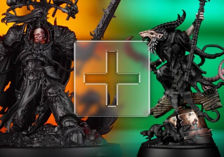 Two dark, armored fantasy figures stand facing each other against an orange and green split background. A transparent plus sign is overlaid in the center between them. Each figure, reminiscent of exclusive Warhammer+ miniatures, features horns, weapons, and intricate armor designs.