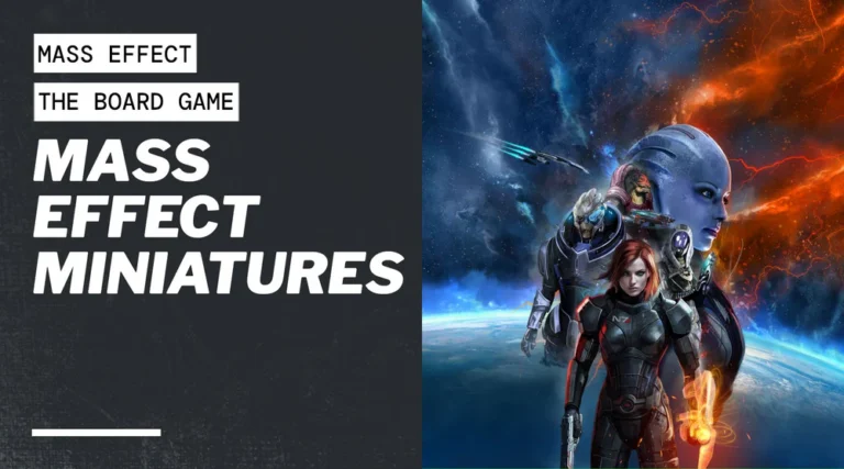 Promotional image for "Mass Effect The Boardgame" by Modiphius. Left side boasts the game's title on a sleek black background, while the right showcases a miniatures space scene with Commander Shepard and alien characters against a dazzling cosmic backdrop of stars and a planet.