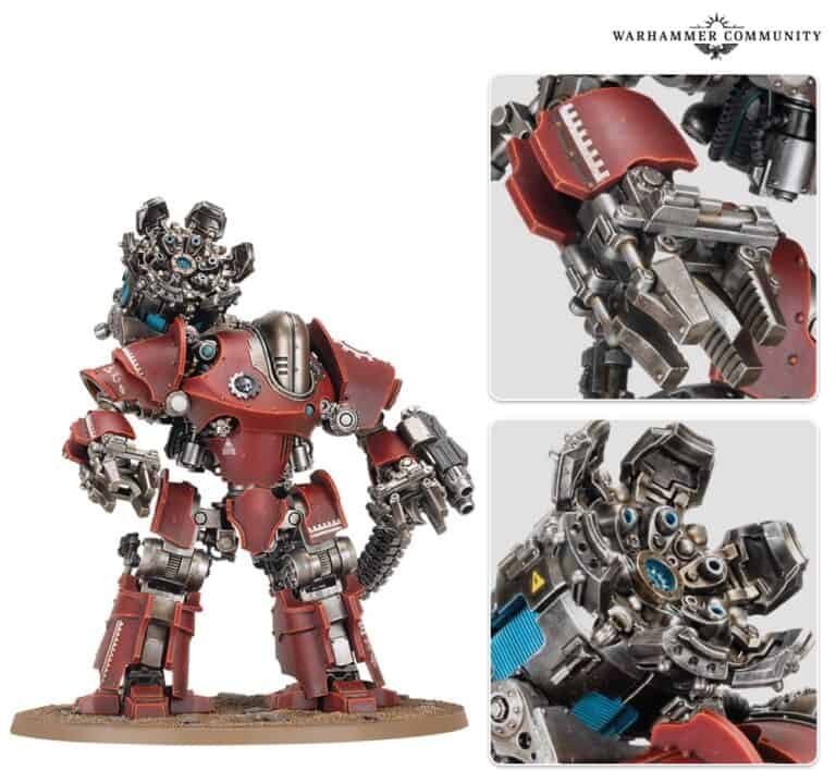A detailed model of a red armored mech, reminiscent of Warhammer Releases, with intricate mechanical features and weaponry. Two close-up images highlight its arm and machinery components. The base suggests a rocky terrain, evoking the desolate landscape of a Martian Conflict.