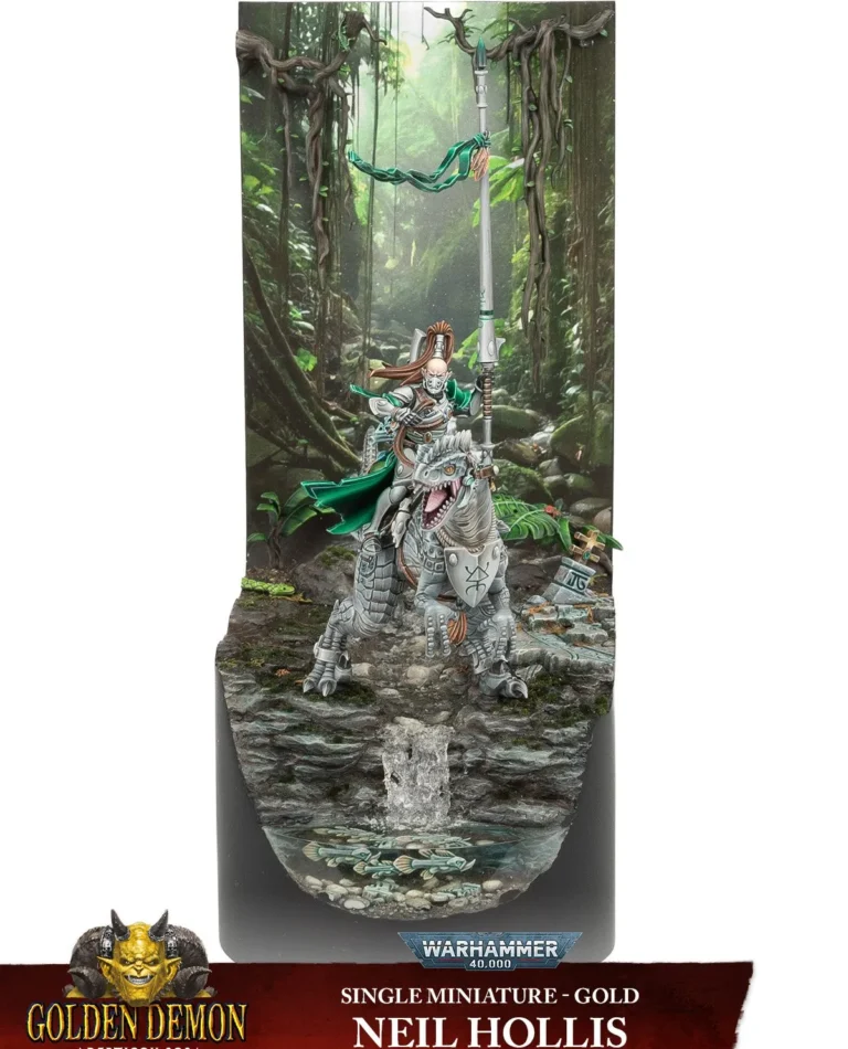 A detailed miniature of a warrior in silver armor riding a dinosaur through a lush, green jungle. The scene, crafted by Neil Hollis, includes a small stream and dense foliage, earning him the prestigious Golden Demon award at the Games Workshop's renowned contest.