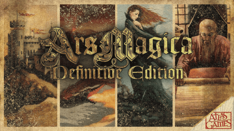 Cover art for "Ars Magica: Definitive Edition," capturing the mystique of a castle, a robed sorceress casting a spell, and a bearded figure writing at a desk. The antique parchment texture and ornate typography hint at an eagerly anticipated launch on BackerKit.