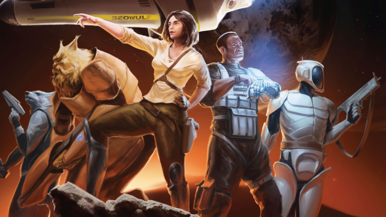 In a scene reminiscent of Mongoose Publishing's famed *Traveller* universe by Marc Miller, five adventurers navigate the cosmos. A woman leads, backed by an armored figure with a blue glow, a humanoid feline, a robotic ally, and an alien with a reptilian head. Above them, their spaceship hovers silently.