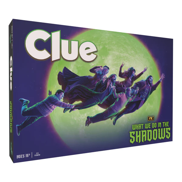 Box cover of "CLUE: What We Do in the Shadows" from The Op Games, featuring characters in various poses flying against a moonlit night sky backdrop. The colorful design is themed around the supernatural comedy series. Perfect for ages 16 and up.