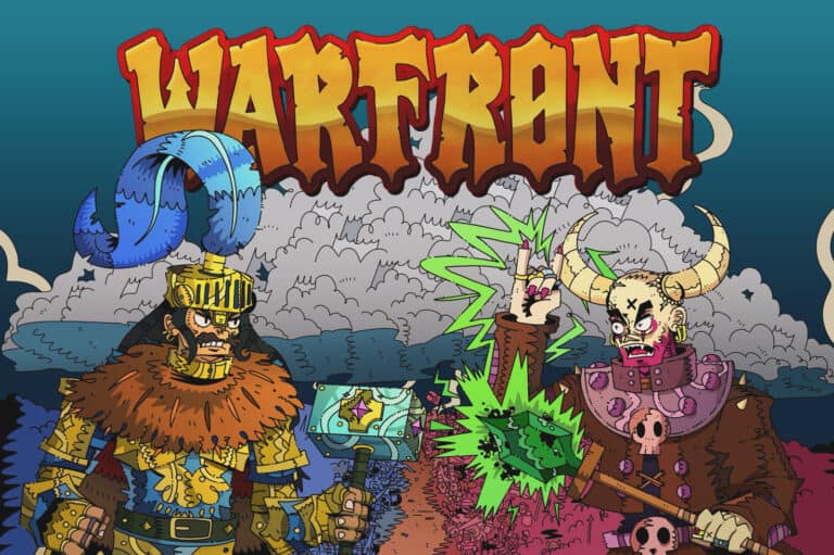 Illustrated battle scene with two armored warriors facing each other in a fantasy wargame. One wears a helmet with feathers, wielding a hammer, while the other dons a horned helmet, clutching a spiked mace. Dramatic clouds and lightning fill the sky. Title reads "Warfront Designer's Diary.