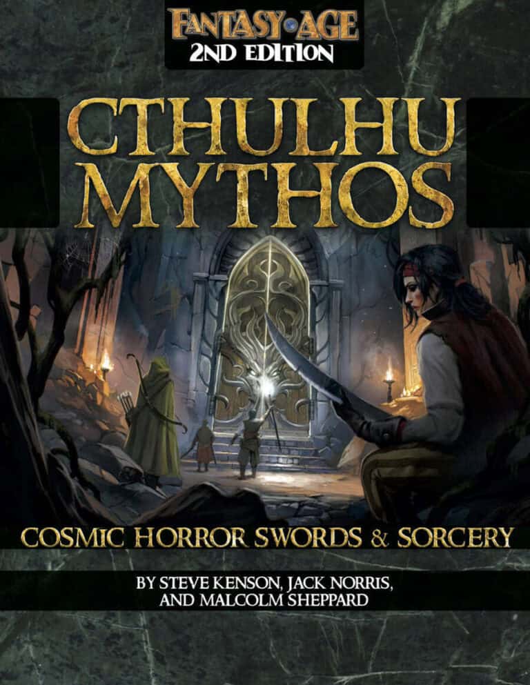 The cover of "Cthulhu Mythos: Fantasy AGE 2nd Edition" by Green Ronin Publishing depicts a dramatic scene with adventurers wielding swords as they approach a large, ornate door. The atmosphere is dark and mystical, illuminated by glowing symbols and torches.