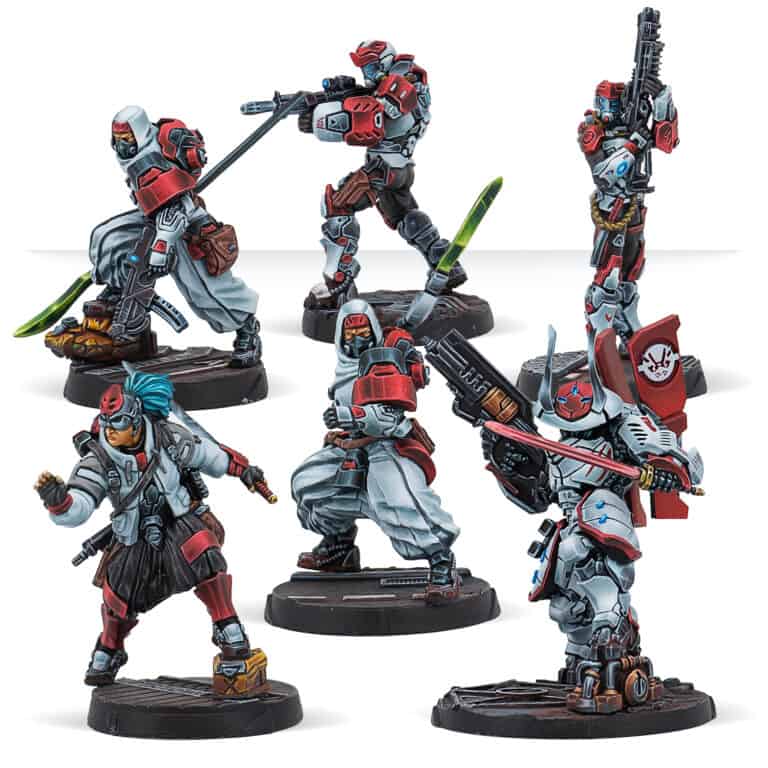 A group of six intricately painted miniatures from the New Arrivals collection features futuristic armor, each posed in dynamic stances. They wield a variety of weapons, including swords, rifles, and staffs, and are colored primarily in red, white, and gray tones.