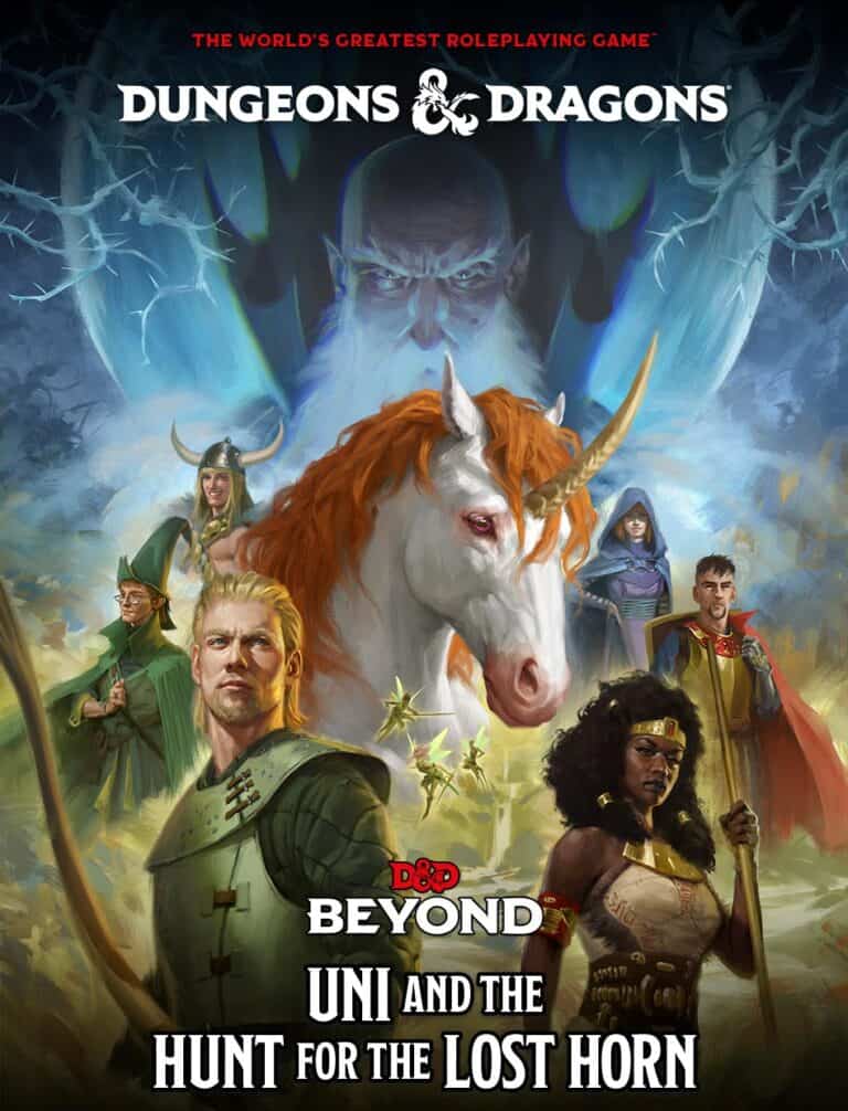 A fantasy-themed poster showcasing a unicorn and diverse adventurers, with a mystical figure looming above. The text reads "Dungeons & Dragons: Uni and the Hunt for the Lost Horn" and "D&D Beyond." Reminiscent of an enchanting 1980s cartoon, it's an adventure you can embark on for free!