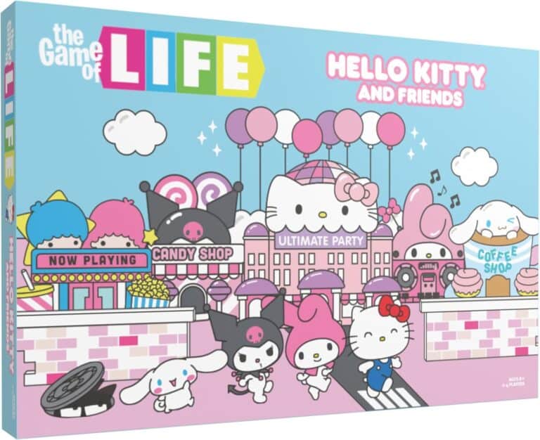 The box cover of "The Game of LIFE: Hello Kitty and Friends" showcases Hello Kitty and her friends at a vibrant amusement park, complete with a candy shop, coffee shop, and balloons. The design is cute and playful, featuring pastel colors that bring this charming world to life.