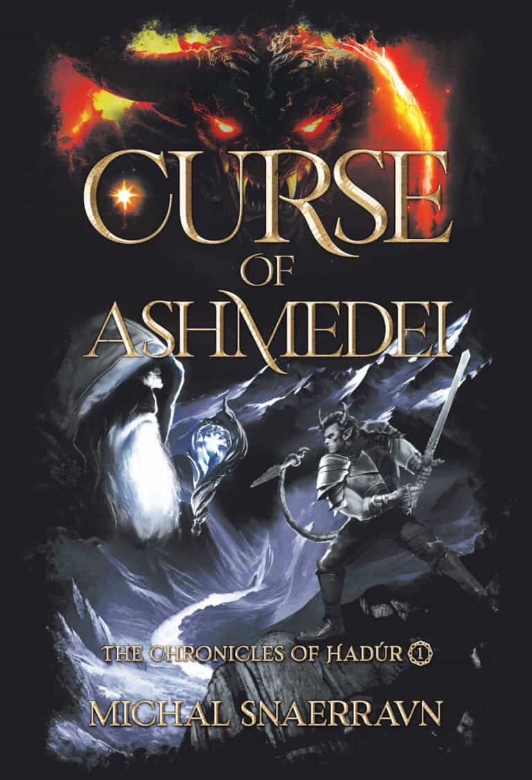 Book cover for "Curse of Ashmedei" by Michal Snaervan. Perfect for fans of fantasy novels, it features a glowing-eyed beast emerging from darkness above the title, a robed figure holding energy, and a warrior with a sword confronting a creature at the bottom.