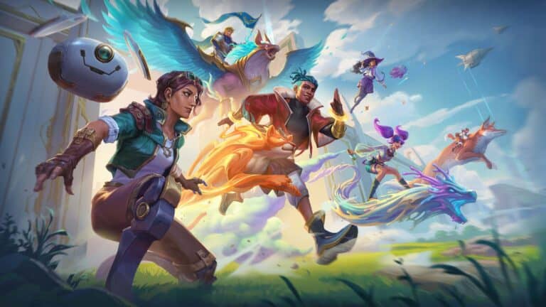 A vibrant fantasy scene featuring five animated characters in this altered universe. Equipped with glowing weapons, they ride mystical creatures through the sky, reminiscent of a trading card game. Nearby, a robot sphere hovers against the bright equinox sky dotted with floating paper kites.