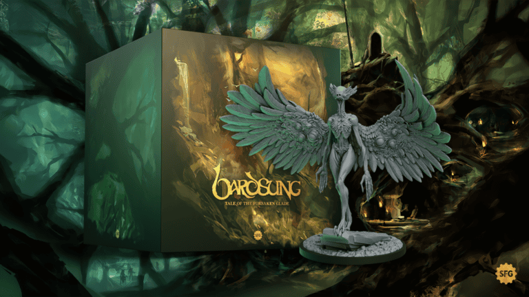 A fantasy-themed board game package titled "BardSung: Palace of the Horizon's Gaze" stands next to a detailed statue of a winged creature. The background showcases the Forsaken Glade, an eerie, mystical forest scene that entices players on Gamefound with its enigmatic allure.