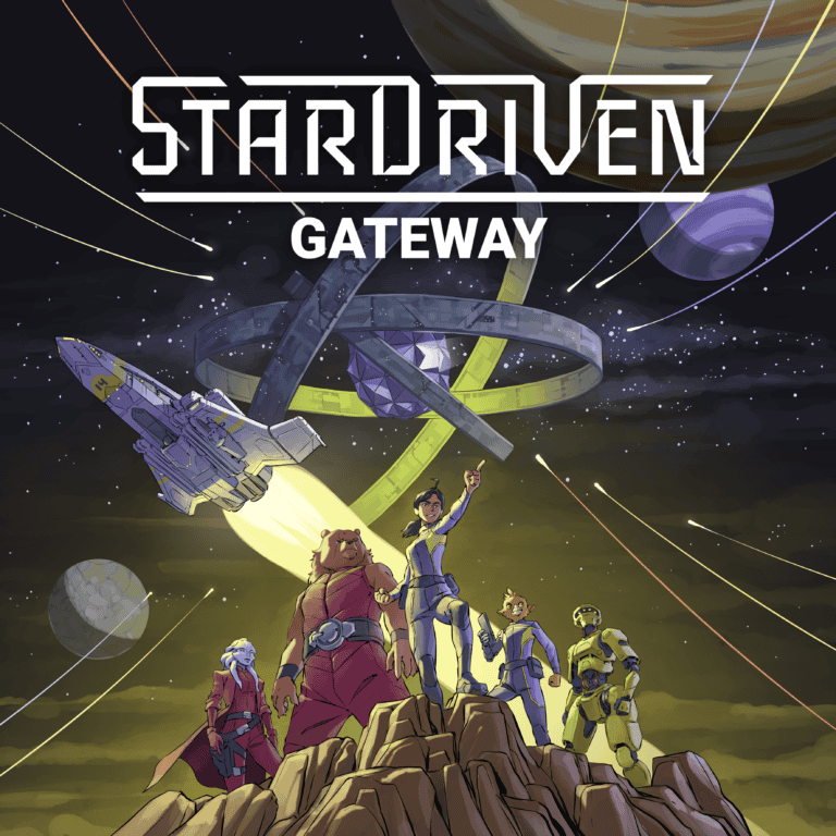 A group of diverse, futuristic characters stand on rocky terrain under a vast, starry sky filled with planets and spacecraft. The words "StarDriven Gateway" are boldly displayed above, hinting at an epic board game by Rock Manor Games, with a large ringed structure in the background.