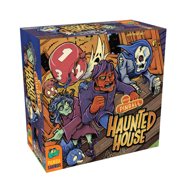 The box art for "Super-Skill Pinball: Haunted House" by Pandasaurus Games showcases cartoonish Halloween-themed characters, including a masked figure, a green-skinned creature, and a ghost in a spooky setting, capturing the eerie essence of Boxtop Pinball.