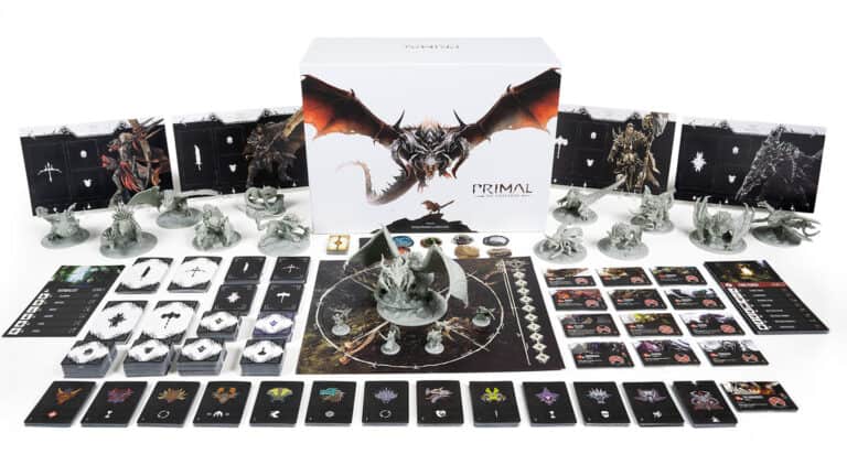 This board game set, available at Primal Boutique Store, features detailed miniature figures displayed around a central box with a dragon illustration. With components like cards and dice from Reggie Games' iconic series, Primal: The Awakening, it promises an immersive experience.