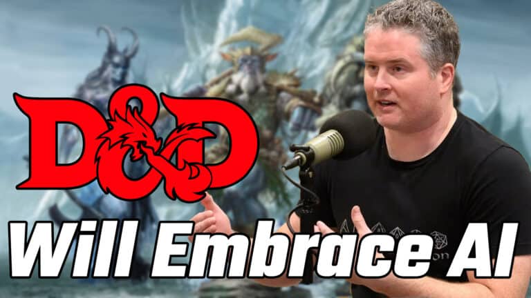 A man, possibly the CEO of Hasbro, speaks into a microphone against a fantasy-themed backdrop adorned with mythical creatures. The text "D&D Will Embrace AI" is displayed alongside the iconic Dungeons & Dragons logo.