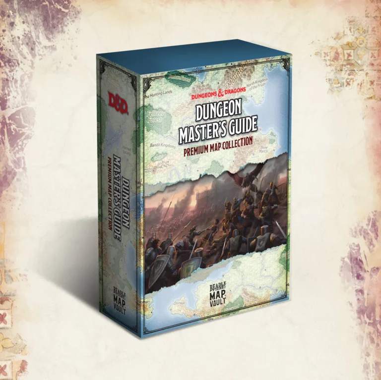 The Box of the Dungeons & Dragons Dungeon Master's Guide Premium Map Collection, crafted by Beadle & Grimm’s, showcases a fantasy battle scene on its cover. Soldiers clash with a castle looming in the background, all set against an aged map-themed surface.