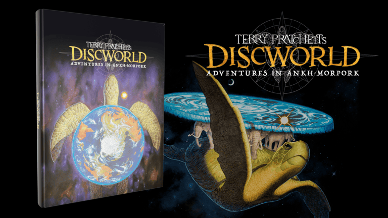 Cover of "Terry Pratchett's Discworld: Adventures in Ankh-Morpork." Commissioned by Modiphius Entertainment, it features a turtle with elephants on its back supporting a flat, circular world. Starry space background and golden lettering evoke the magical allure of a Discworld RPG.