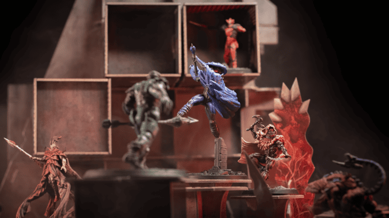 In this Miniature Skirmish Game, figures engage in a dynamic battle scene with warriors striking dramatic poses and weapons drawn. Amidst cubic structures and fiery elements, the action-packed environment comes to life without diceless combat mechanics for a truly immersive experience.