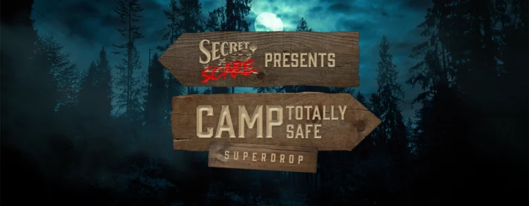 Wooden signposts against a moonlit forest background read "Secret Lair Presents Camp Totally Safe Superdrop." Tall trees and a glowing moon add an eerie atmosphere, reminiscent of a Magic: The Gathering adventure.