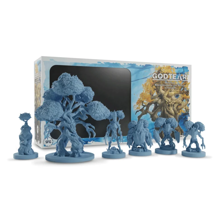 In front of a box labeled "Godtear," a set of detailed, blue miniature figures of tree-like creatures with distinct features is displayed. The box art, created by Steamforged Games, showcases an illustration of Durthax, the formidable Godtear Champion resembling a large tree being.