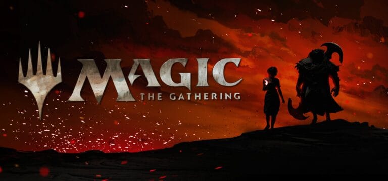 Dark, dramatic artwork of "Magic: The Gathering" featuring a silhouetted person and creature against a fiery, red-orange sky with floating embers. The game's logo and emblem grace the left side amid whispers of the eagerly awaited MTG Netflix Show, proving it's not cancelled.