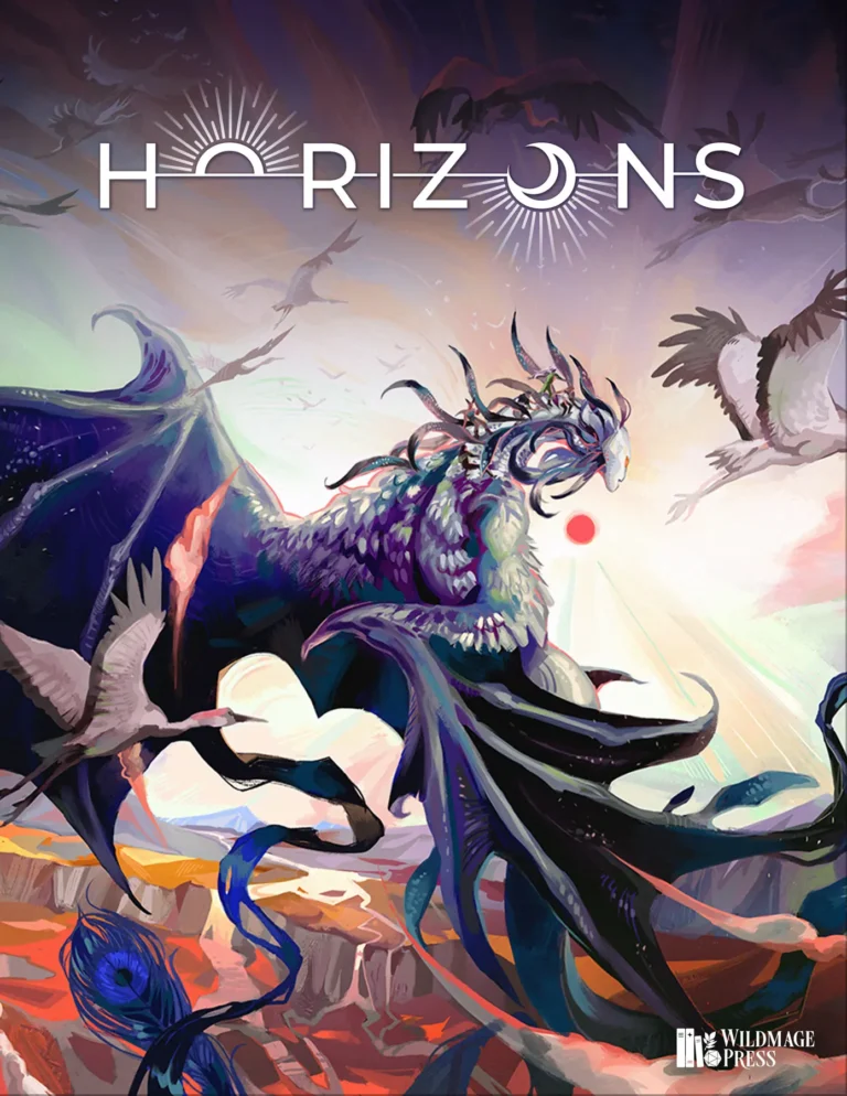A majestic creature with colorful, dragon-like features soars through a vibrant sky filled with birds. The word "Horizons" shines prominently at the top, reminiscent of a TTRPG magazine cover, with rays of light emanating from the letter "O." Bright, dynamic scenery surrounds the creature.
