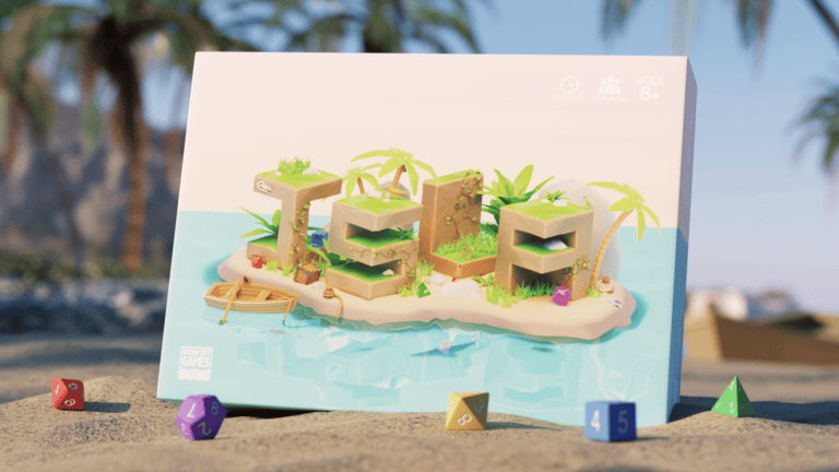 A board game box titled "Isle" sits on a sandy beach, crafted by Ocean City Games. The artwork showcases an island with trees and wooden structures spelling "ISLE," evoking the spirit of an exploration game. Colorful dice are scattered attractively in the foreground.