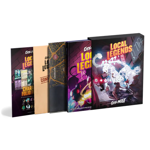 Discover the "Local Legends" book set, where colorful, illustrated covers blend text and art. Displayed fanned out, they showcase diverse spine designs with fantasy and mysterious themes. Dive into tales reminiscent of City of Mist's enigmatic worlds woven with game studio precision.