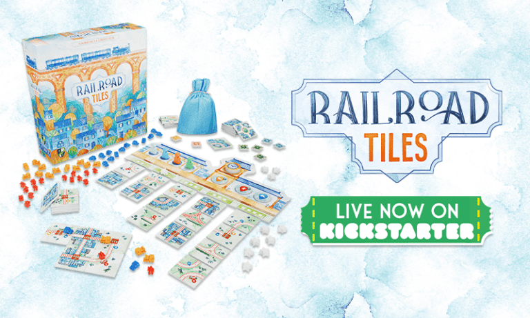 The board game "Railroad Tiles," a captivating tile placement adventure, is beautifully showcased. Its tiles, tokens, and cards rest on a blue watercolor backdrop. Text invites you to join the journey: "Live Now on Kickstarter.