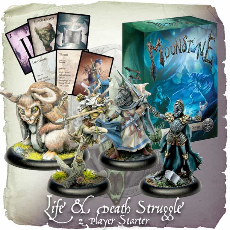 A fantasy board game set featuring a box with the title "Moonstone," three detailed miniature figures of mythical Faction characters, cards displaying game actions, and text reading "Life & Death Struggle 2 Player Starter" from the intriguing realm of Shades of Moonreach.
