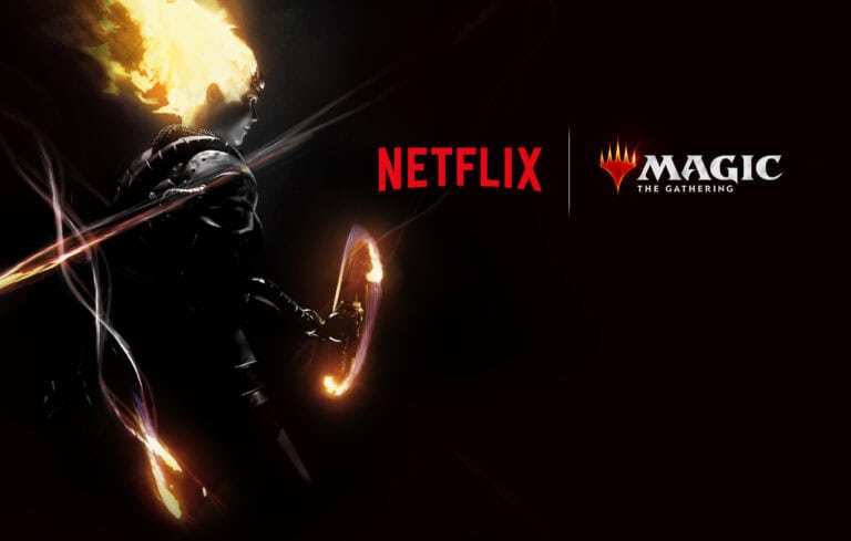 A fiery figure in armor holds a glowing object against a dark backdrop. The Netflix logo is centered, with the "Magic: The Gathering" logo to the right, hinting at what could have been, as whispers of the series being scrapped circulate among fans.