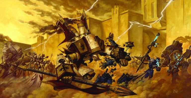 Amidst the dynamic fantasy battle scene, futuristic armored warriors clash with colossal machines. Sparks and lightning illuminate the chaos of Warmachine's battlefield, set against ancient ruins. Dust and energy fill the air in a spectacle that feels pulled from a Steamforged Games epic.