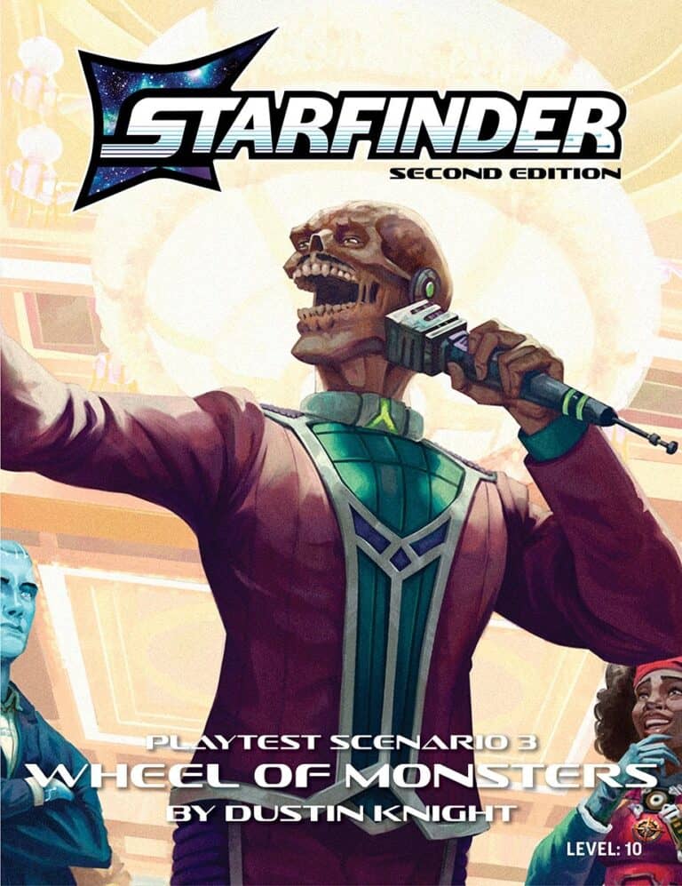 Cover of Starfinder Second Edition: Wheel of Monsters. A futuristic skeleton-like figure in a suit raises a gun, surrounded by alien and human characters. Part of Paizo's September Releases, it includes "Playtest Scenario 3" and is written by Dustin Knight. Level 10 adventure.