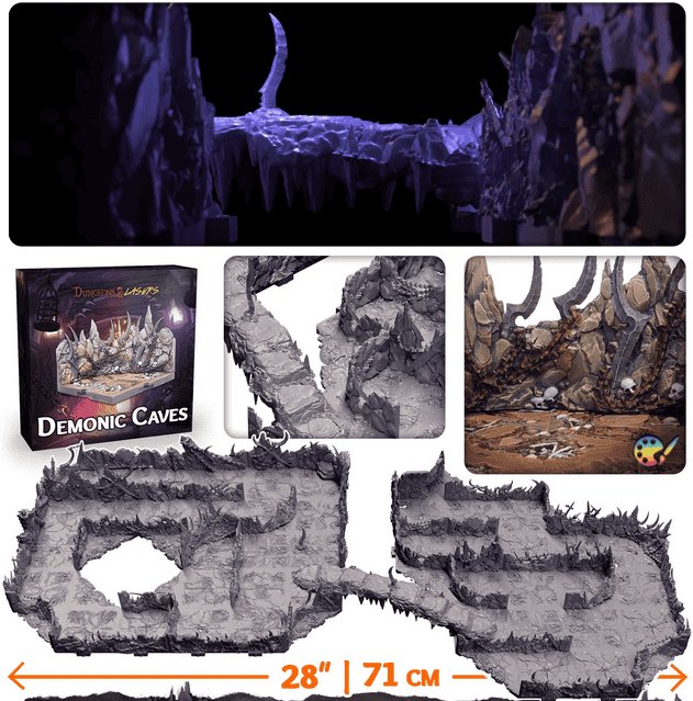 The board game expansion "Demonic Caves" from Dungeons & Lasers features a stunning 3D dungeon landscape with jagged rocks and stalactites. It includes a top-down view of the cave layout and close-up details, measuring 28 inches (71 cm) wide. Don't forget to check it out in the Pledge Manager!