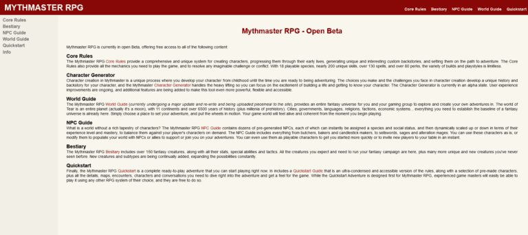 Screenshot of the Mythmaster RPG website, beautifully designed in red and white, showcases sections like Core Rules and Character Generator. Experience the Open Beta with features including World Guide, NPC Guide, Bestiary, and a Quickstart. The top navigation bar ensures seamless exploration.