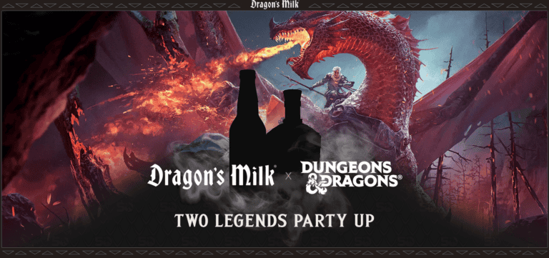A promotional image showcases a collaboration between Dragon's Milk and Dungeons & Dragons. A fiery dragon breathes flames, while two bottles of brew are silhouetted in the foreground. The text reads, "Two Legends Party Up.