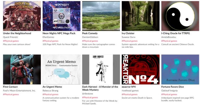 A collage of ten game covers showcases titles and creators, each described and labeled under "Physical games" or "Digital games." Featuring popular TTRPGs like "Under the Neighborhood," it also highlights inclusive options for Blind and Visually Impaired Gamers.