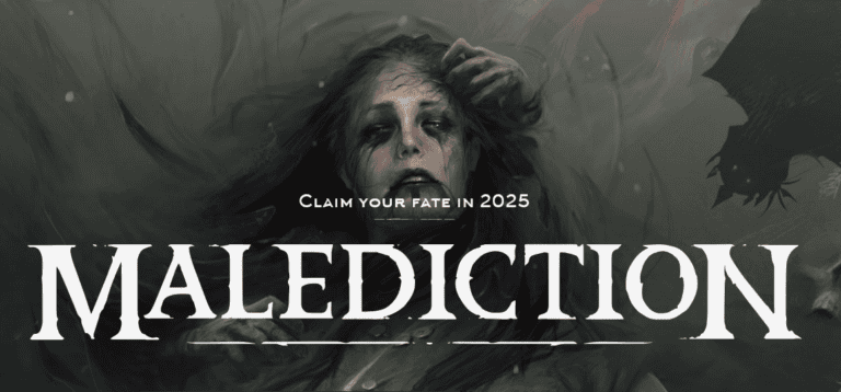 A haunting image shows a woman with a distressed expression, surrounded by ominous shadows and birds. The text reads, "Claim your fate in 2025, Malediction," echoing the dark allure of Loot Studios' Miniatures Card Game.