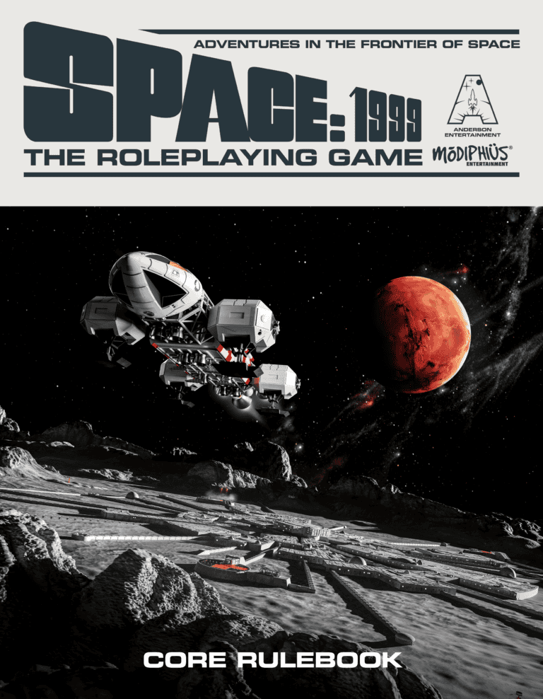 Cover of "Space: 1999: The Roleplaying Game" core rulebook by Modiphius. Features a spaceship soaring above a lunar landscape, with a red planet in the background. Text includes the title and "Adventures in the frontier of space" tagline—an epic Tabletop RPG journey awaits.