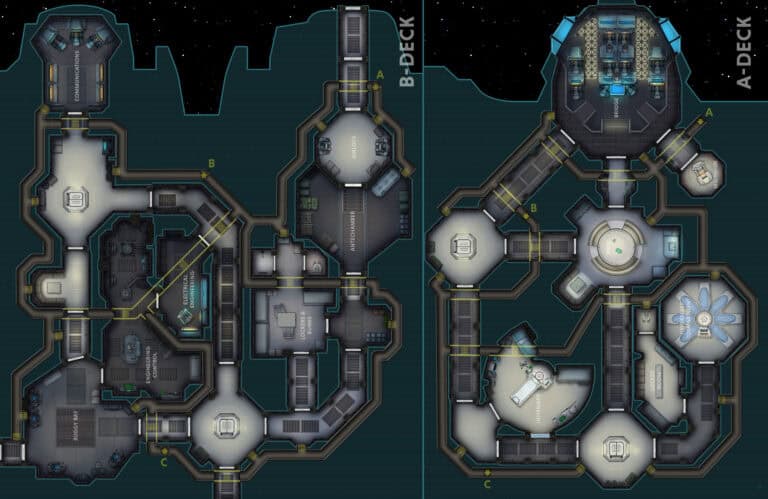 A digital map showcasing the A-Deck and B-Deck layouts of a futuristic starship, reminiscent of ALIEN RPG ship maps. The map features labeled rooms, corridors, and highlighted pathways against a dark background resembling space.