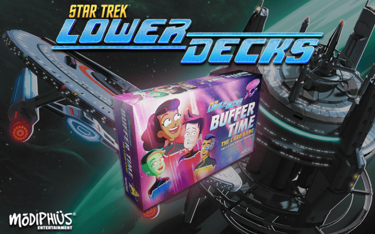 Box art for the "Star Trek: Lower Decks – Buffer Time" card game features animated characters in a vibrant design. A futuristic spaceship and station adorn the starry space backdrop, complete with logos from Star Trek and Modiphius Entertainment.