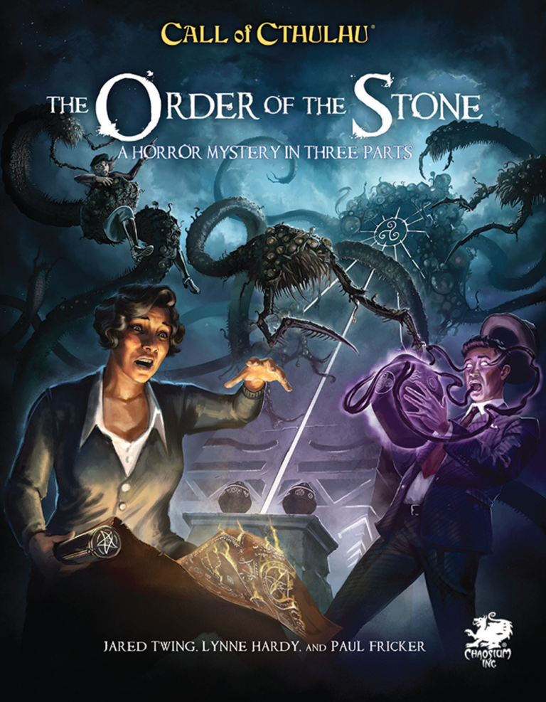Cover art for Chaosium's "Call of Cthulhu: The Order of the Stone" depicts two frightened people in a dark setting, with ominous creatures and mystical symbols in the background. Text includes authors' names: Jared Twing, Lynne Hardy, and Paul Fricker.