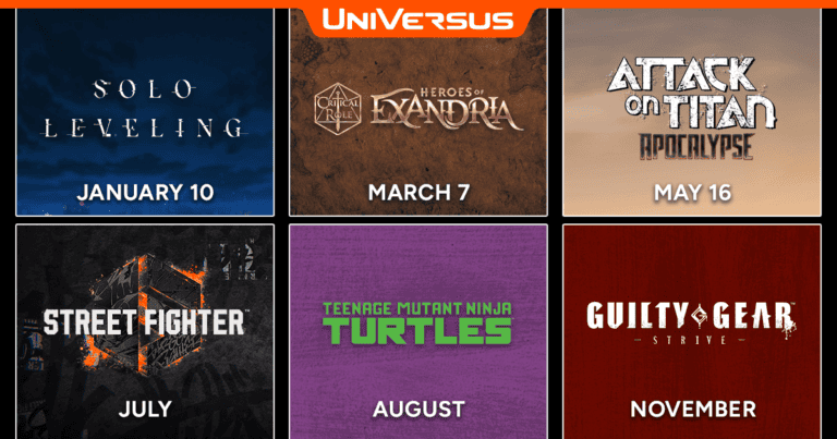 Promotional image for "Universus" showcasing new expansions and classic game revivals: Solo Leveling on January 10, Heroes of Xandora on March 7, Attack on Titan Apocalypse on May 16, Street Fighter in July, Teenage Mutant Ninja Turtles in August, and Guilty Gear Strive in November.