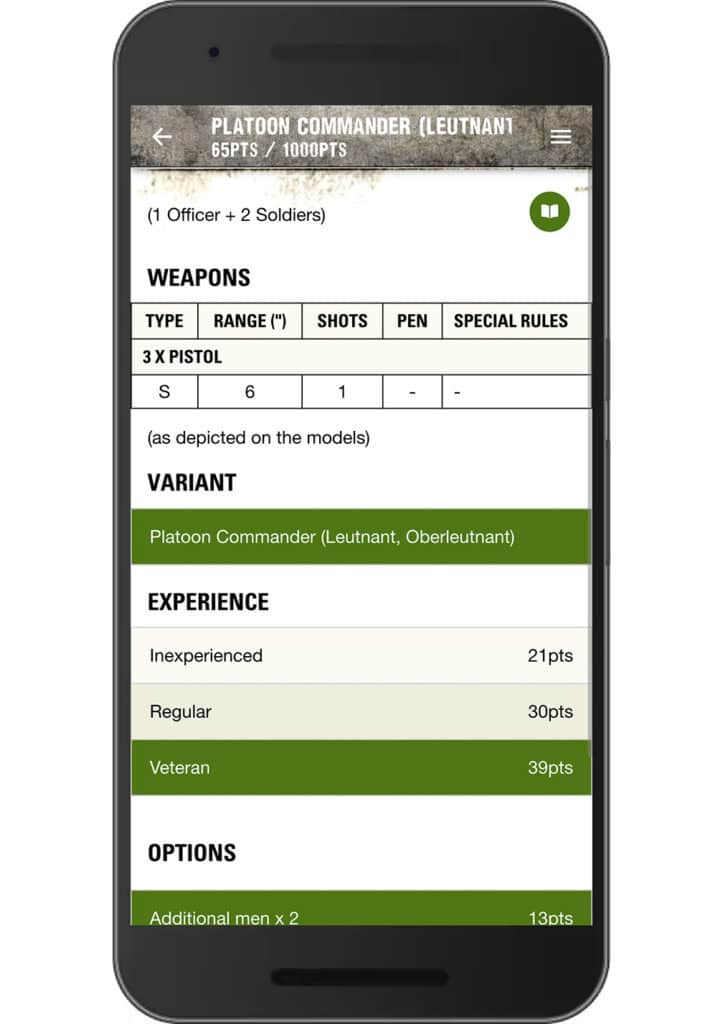 A smartphone screen showcases a Companion App for the Bolt Action: Third Edition game. It presents the platoon commander's stats, featuring weapons, rank, and point costs across experience levels—Inexperienced, Regular, Veteran. A must-have for Warlord Games enthusiasts.