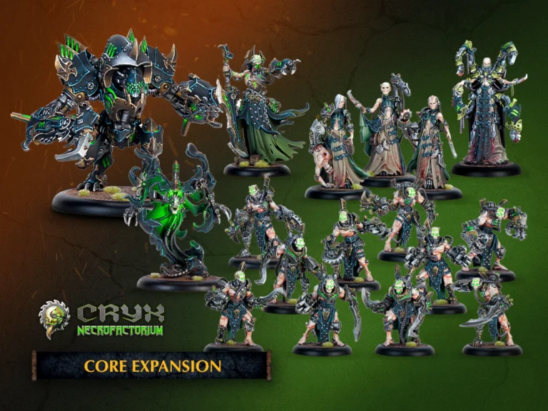 Miniature figures in dark, intricate armor and robes embody a fantasy necromancy theme. The central figure is a large, mech-like construct straight from the Cryx Necrofactorium. A green and brown gradient backdrop displays "Crux Necrofactorium Core Expansion." Perfect for Warmachine enthusiasts.
