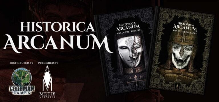 Image of two fantasy book covers titled "Historica Arcanum: Era of the Crusades." One cover features a masked figure, and the other depicts a skull with chainmail. Logos for Goodman Games and Metis Media appear below, marking these as notable 5E titles in their catalog.