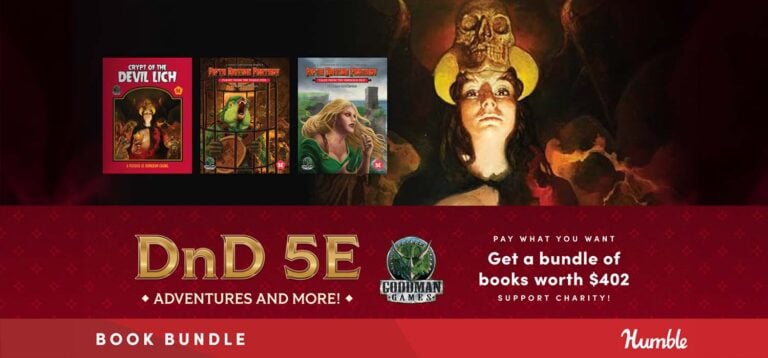 A book bundle promotion featuring "DnD 5E Adventures and More!" showcases images of three role-playing game books, including Goodman Games' "Crypt of the Devil Lich." The offer supports charity and provides access to 5E PDFs valued at $402 through Humble Bundle.