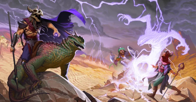 In a fantasy scene reminiscent of a Kobold Press epic, a warrior with a horned skull helmet rides a reptilian beast. They confront two magic-wielding adversaries in the desert; one conjures a ghostly dragon while the other wields an energy-swarmed staff. Lightning cracks through the stormy sky.