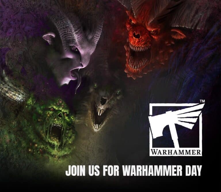 Four fantastical creature faces with glowing eyes and varied textures emerge from the darkness, chaos swirling around them. At the forefront, a logo with an axe and the word "Warhammer" gleams in the bottom right corner. Text below reads "Join Us for Warhammer Day 2024.