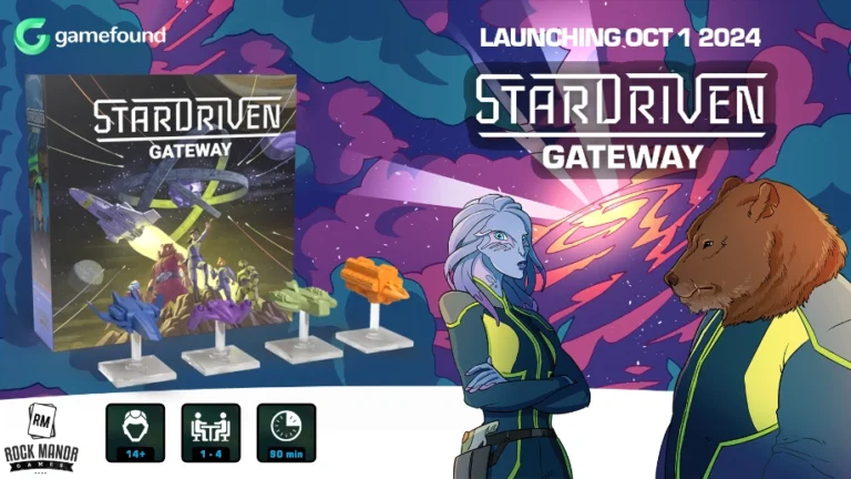 Promotional image for the board game "StarDriven Gateway," featuring a box with space-themed art. Two characters, an alien and a bear in futuristic attire, are on the right. Game details: 1-4 players, ages 14+, 80 minutes. Launches October 1, 2025. Join the Gateway Campaign exclusively on Gamefound!